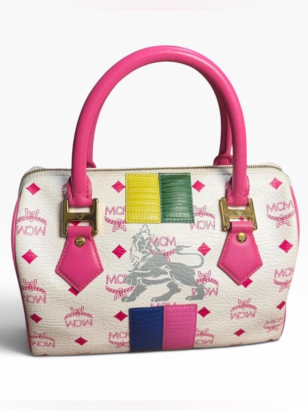 MCM White and Pink Visetos Leather Princess Lion Boston Bag